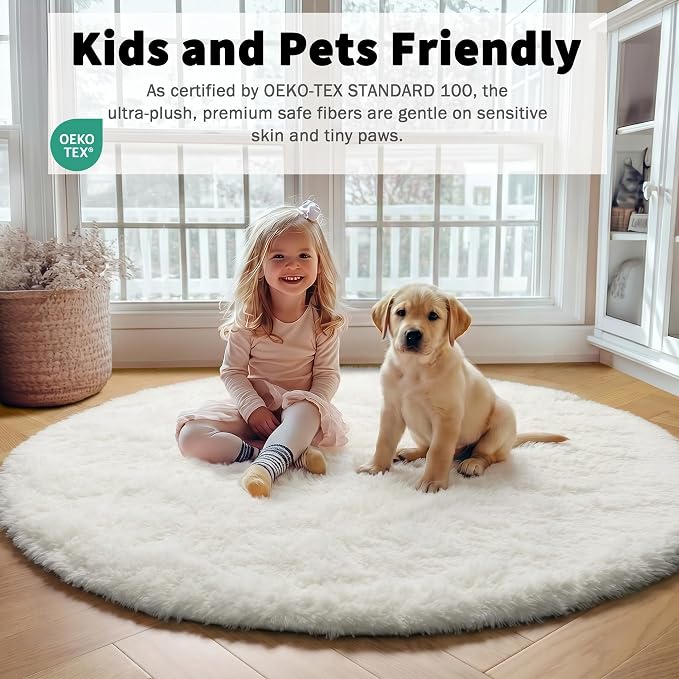 Cream White Round Rugs 5ft for Bedroom Living Room, Ivory Fluffy Circle Area - Image 5