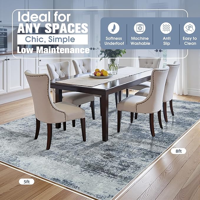 5x8 Area Rugs for Living Room Washable Bedroom Dining Room Blue Grey | Modern - Image 2