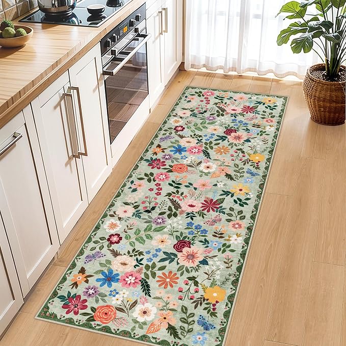 PLHXFR 2.6x8 Washable Runner Rug：Floral Indoor Kitchen Soft Carpet Green | - Image 6