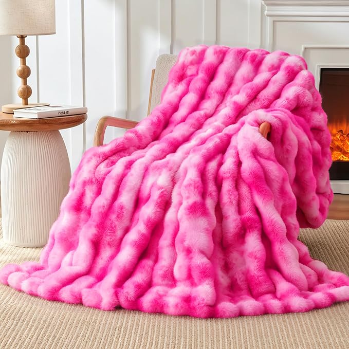Luxury 1000GSM Rabbit Faux Fur Blanket, Super Warm Cozy Brown Blankets by TOUCHAT