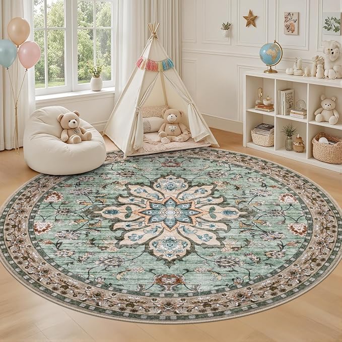 Round Area Rug for Living Room: 4ft Boho Washable Rug Brown Green | Vintage - Image 5