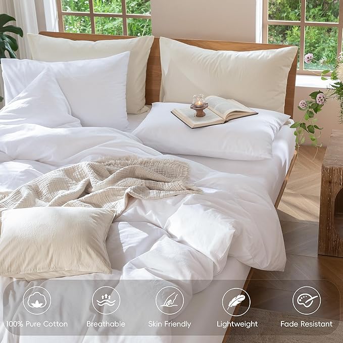 MooMee Bedding Duvet Cover Set 100% Washed Cotton Linen Like Textured Breathable Durable Soft Comfy (Solid Bright White, Twin 68"x90")
