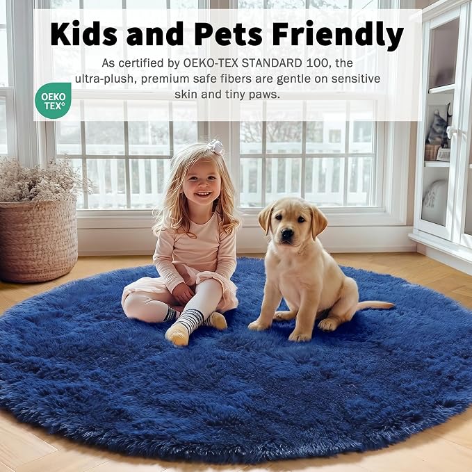 Navy Blue Round Rug 4ft, Fluffy Soft Circle Area Rugs - Image 5