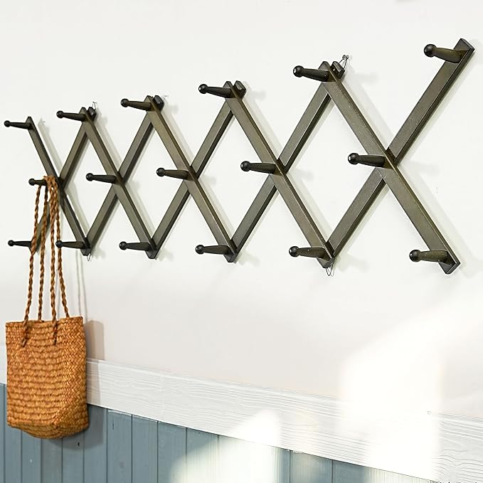 WEBI Accordion Wall Hanger,Expandable Wooden Hat Rack for Wall Mounted Coat Rack,Accordion Hat Hooks Holder for Baseball Caps,17 Peg,Dark Walnut