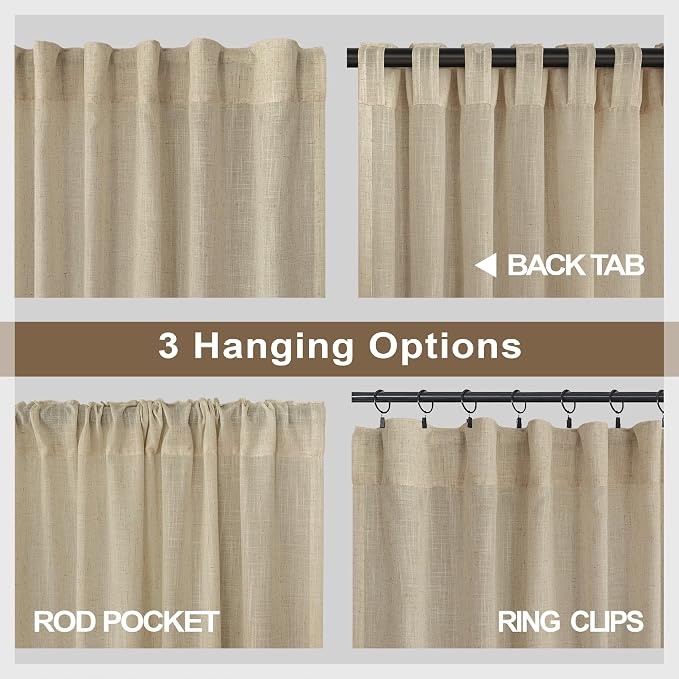 Modern Farmhouse Linen Curtains 80 Inches Long 2 Panel Set Taupe Semi Sheer - Image 5