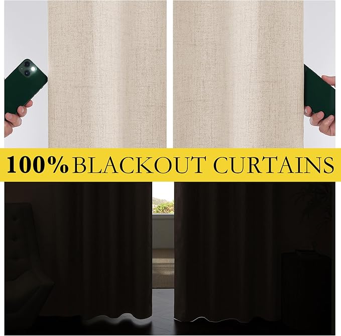 NICETOWN Beige Full Blackout Back Tab Linen Curtains 84" Long 2 Panels Set - Image 4