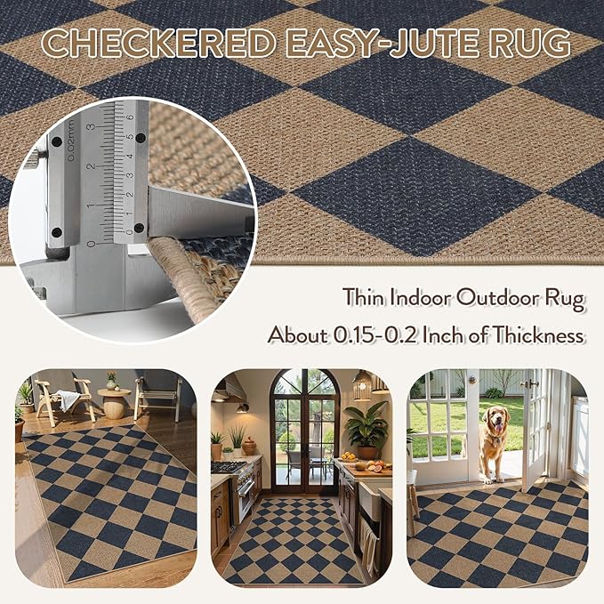 Lahome Checkered Easy Jute 3x5 Outdoor Rug, Washable Rugs - Image 2