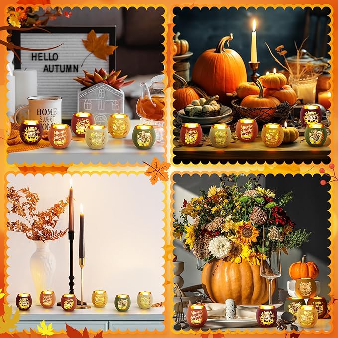 VIHOSE 6 Set Thanksgiving Votive Candle Holders with 6 LED Battery Operated Candles Fall Glass Tealight Holders Fall Table Decorations for Home Table Centerpiece Decor Gifts