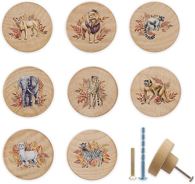 8Pack1.8 Safari Animals Wooden Cabinet Knob Elephant Giraffe Lion Zebra Theme Nursery Room Dresser Drawer Handle Pulls and Knobs
