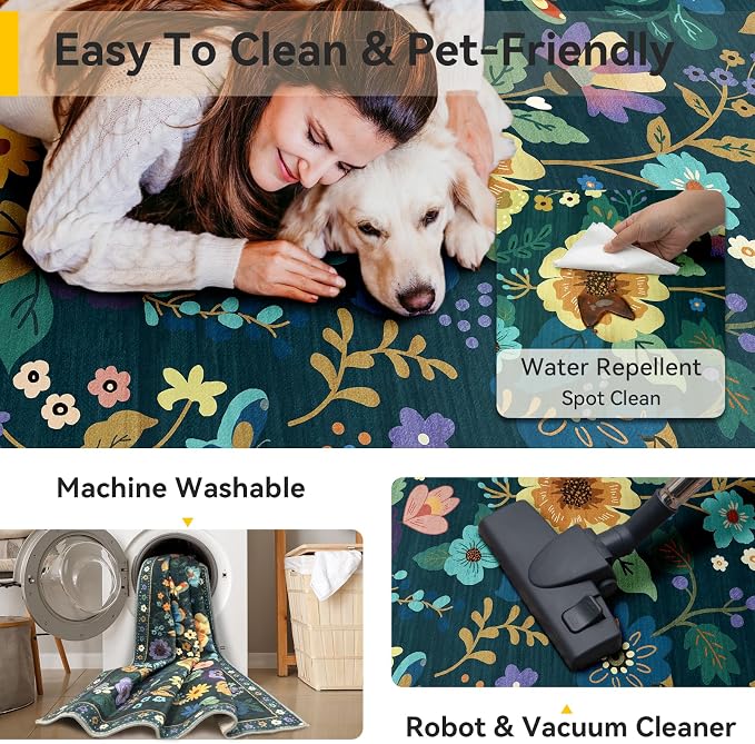RELEANY Floral Washable 5x7 Area Rugs Teal/Purple | Flower Carpet Print Boho - Image 5