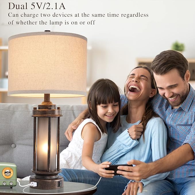Set of 2 Farmhouse Lamps for Living Room, Rustic Vintage Bedroom Nightstand Table Lamp with 2 USB Charging Ports, Built-In Frosted Glass Night Light for End Table Entryway, 4 Bulbs Included (Bronze)