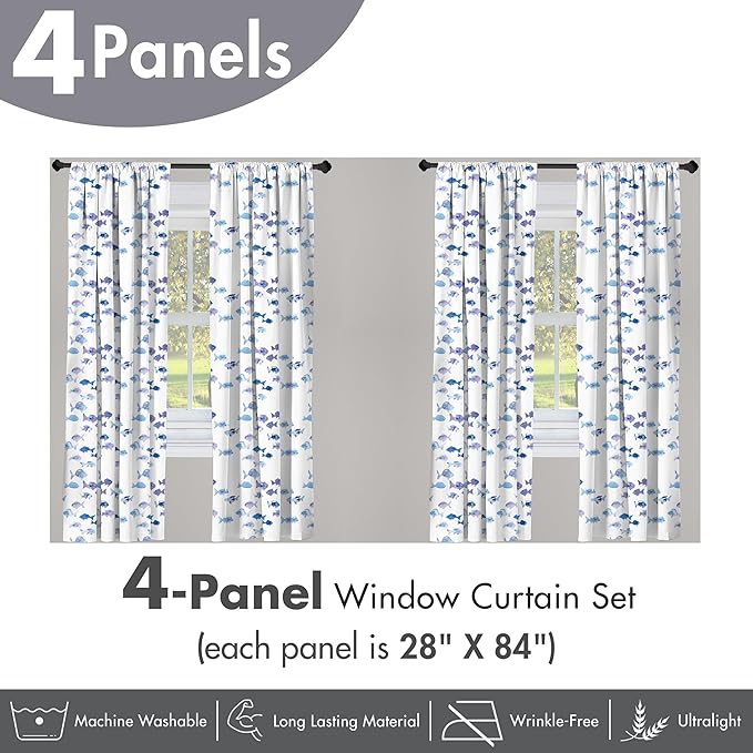 Ambesonne Animal Window Curtains Pack of 2, Little Fishes Watercolors Ocean Underwater Life Marine Theme Art, Lightweight Set with Rod Pocket, 4 Panels of - 28" x 84", Blue