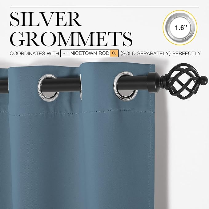 NICETOWN Smoky Blue Blackout Curtains 68 inches Length for Laundry Room, 2 Panels, 42" Wide, Thermal Insulated Decoration Drapes for Office Window