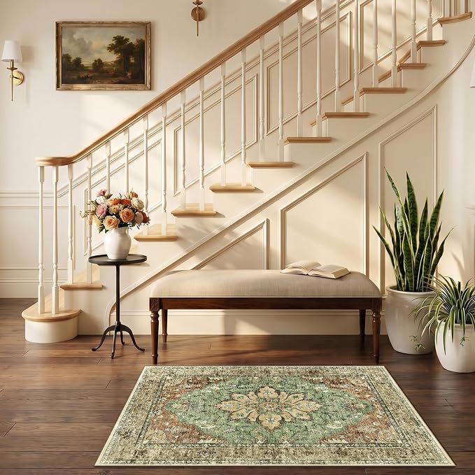 RELEANY Washable Area Rug, Small 2'6"x4', Brick/Brown/Green | Non-Slip - Image 2