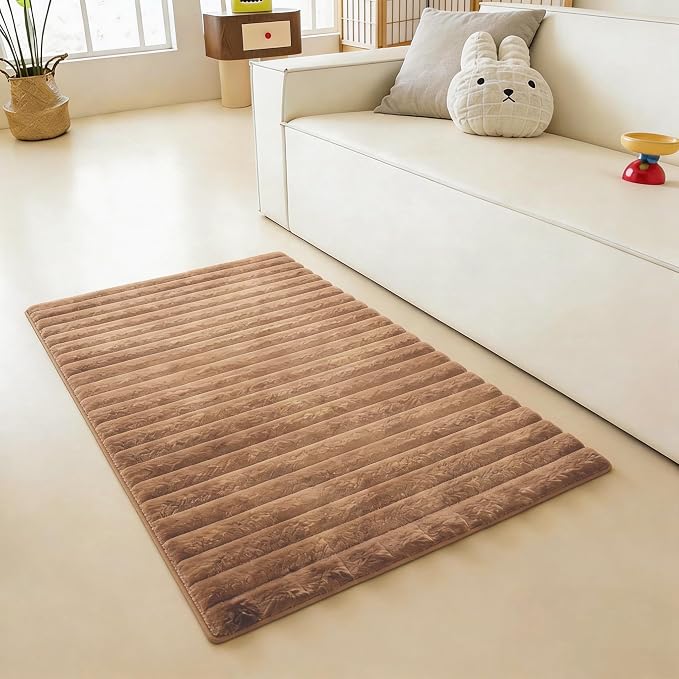 Coffee Rabbit Striped Plush Rug 2'x3', Fluffy Shaggy Area Rug - Image 2