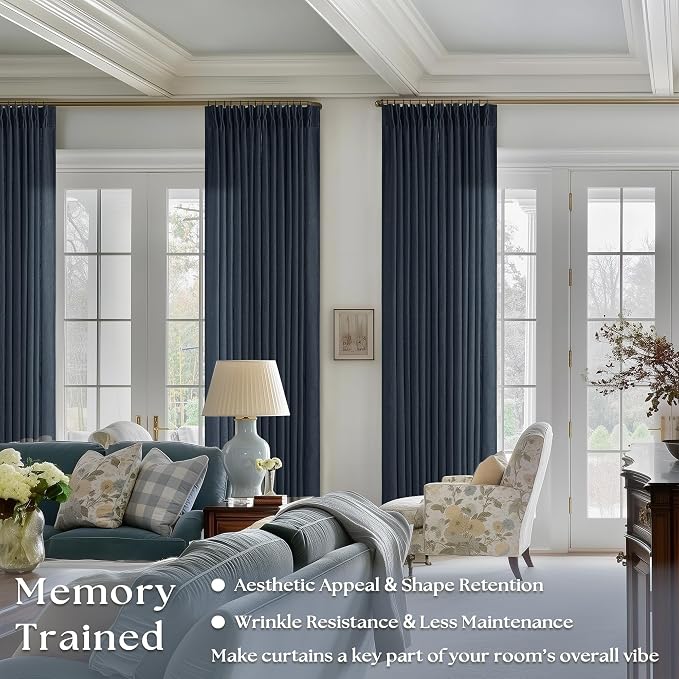Navy 90 Inch Linen Semi Sheer Curtains Pinch Pleated 2 Panels | Light Filtering - Image 2