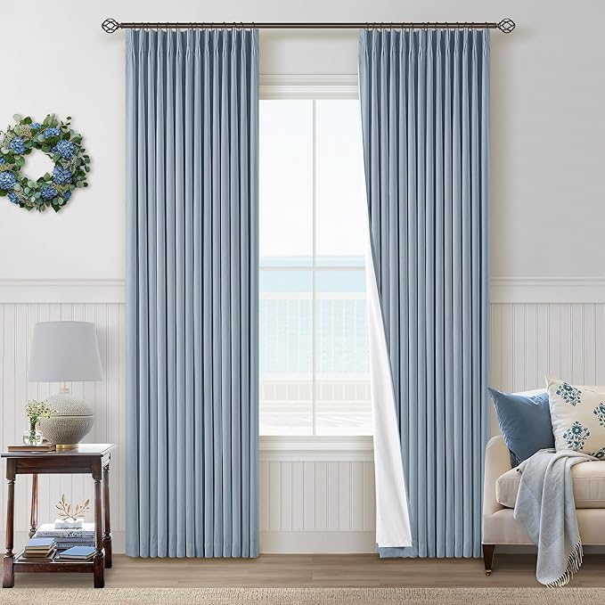 Blue Grey Pinch Pleated Full Blackout Curtains Linen 80 Inch Window Curtain | by Twodrapes