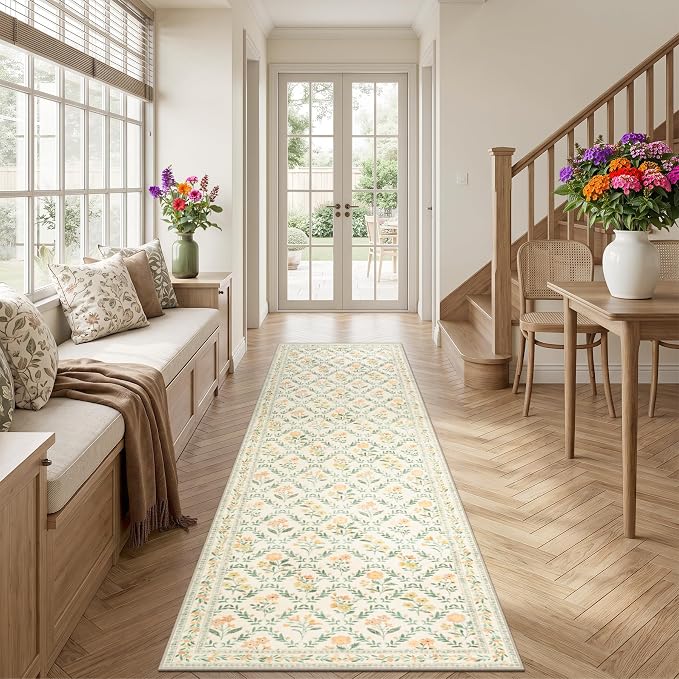 PLHXFR 2.6x10 Washable Runner Rug：Floral Indoor Kitchen Carpet Beige Multi | - Image 3