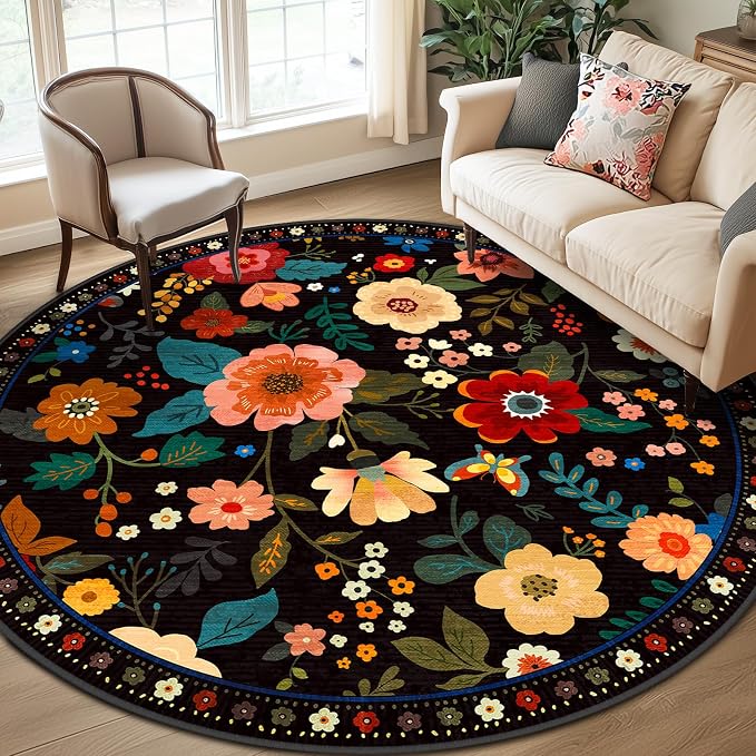 RELEANY Floral Washable Round 8ft Area Rug Black | Flower Carpet Print Boho by RELEANY