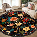 RELEANY Floral Washable Round 8ft Area Rug Black | Flower Carpet Print Boho by RELEANY