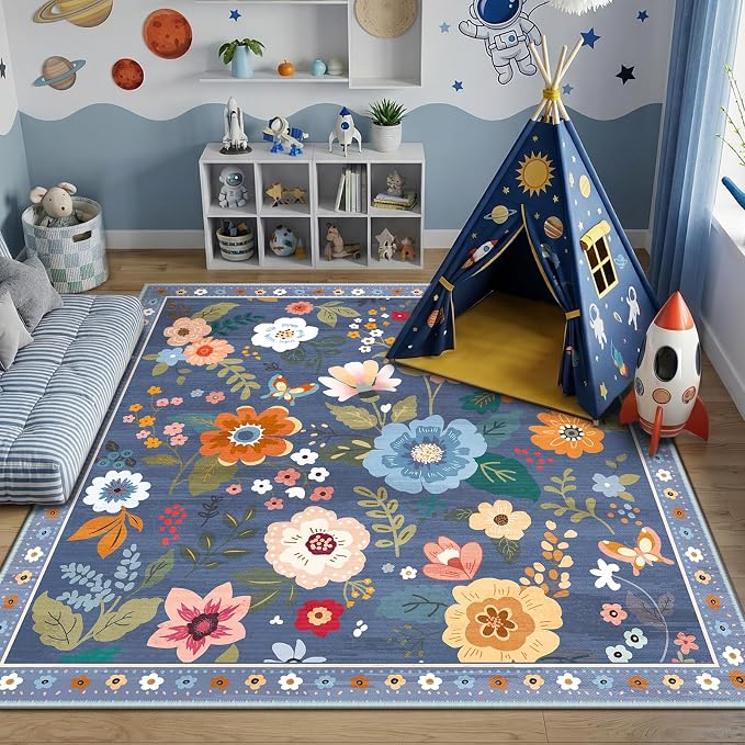RELEANY Floral Washable Square 6ft Area Rug Blue/Grey | Flower Carpet Print - Image 9