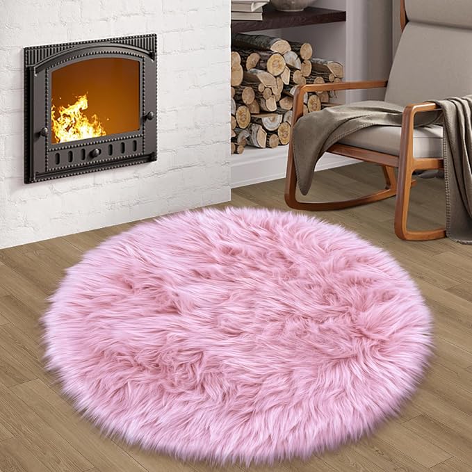 Pink Round Rug for Girls Bedroom, Fluffy Circle Rug 3 3 Feet for Kids Room by TENNOLA