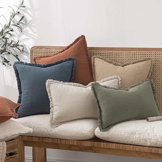 MIULEE Boho Linen Fringe Decorative Throw Pillow Covers Camel 18x18 | Set of 2 - Image 7