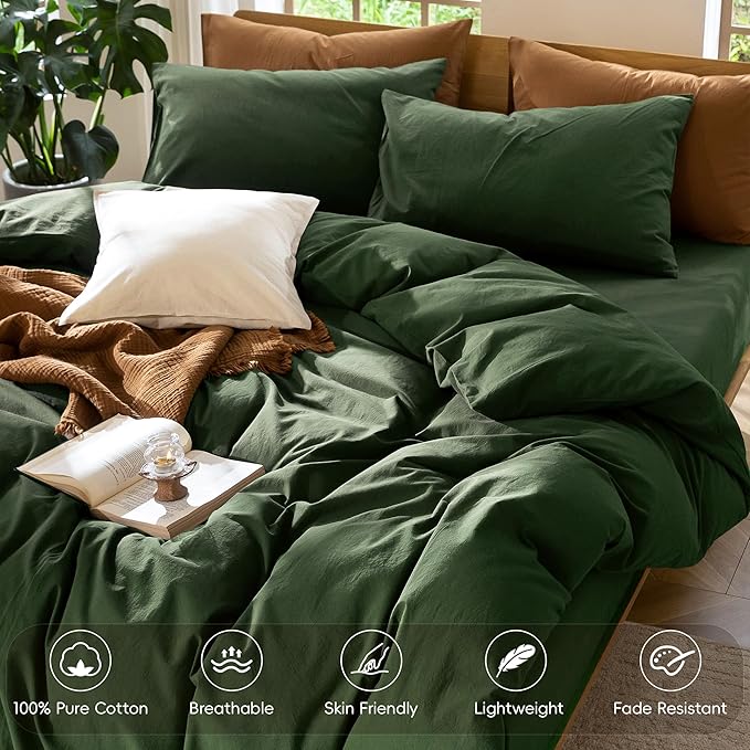 MooMee Bedding Duvet Cover Set 100% Washed Cotton Linen Like Textured Breathable Durable Soft Comfy (Solid Forest Green, Oversized Queen 98"x98")
