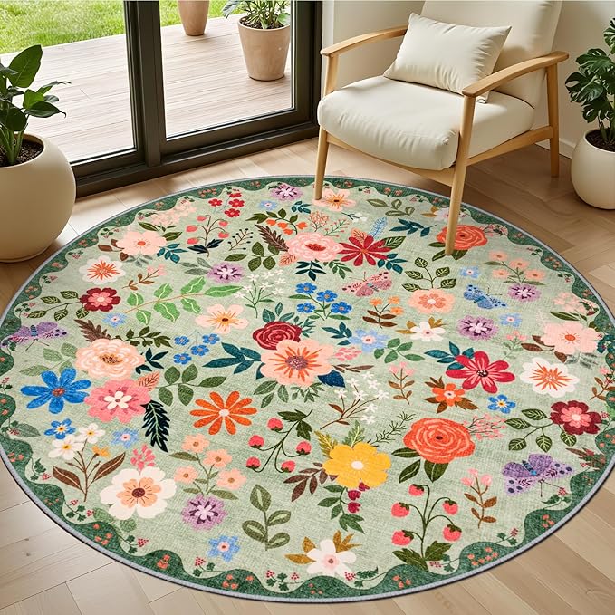 PLHXFR Round Area Rug Living Room: 4 ft Floral Washable Soft Carpet Green | by PLHXFRSoftAreaRugs
