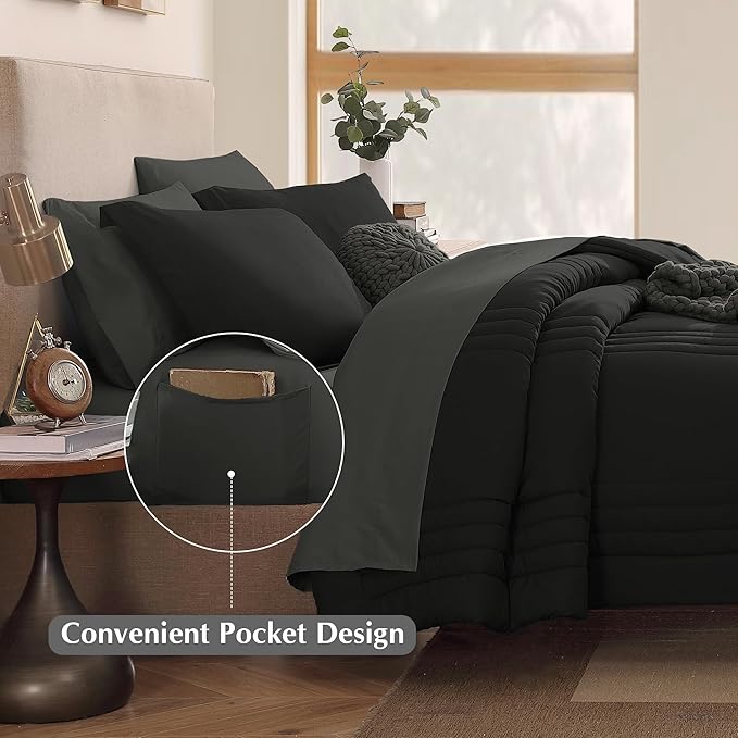 Monbix King Size Comforter Set - 7 Pieces Bed in a Bag King, Black Bedding Sets with Comforter, All Seasons Down Alternative Comforter Bed Set with Sheets, Pillowcases & Shams