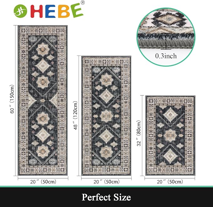 HEBE Boho Kitchen Rugs Set of 3, Non Slip Washable Kitchen Mats - Image 2
