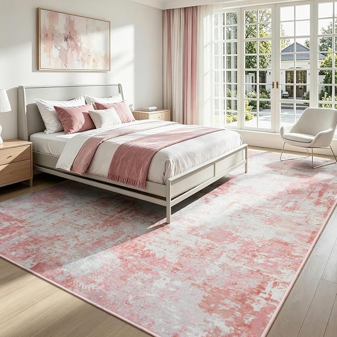 Rugflix 8x10 Area Rugs for Living Room, Washable Pink White Large Rug | Machine - Image 2