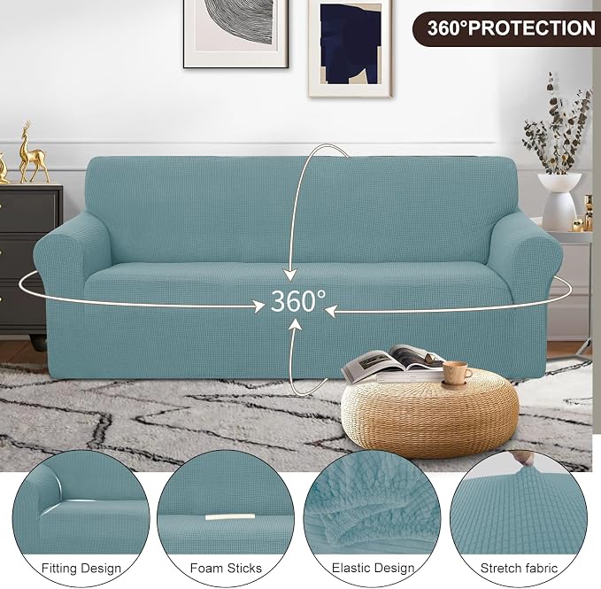 U-NICE HOME Oversized Stretch Couch Cover Slipcover, Light Blue | 3 Cushion Sofa - Image 3