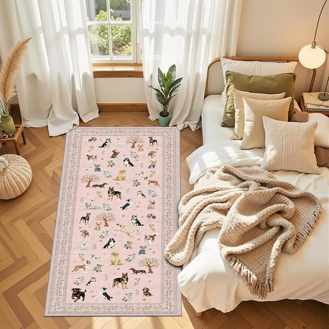 Pink Hallway Runner Rug 2x5 for Bedroom Kitchen | Ultra-Thin; Boho Style; Low - Image 3