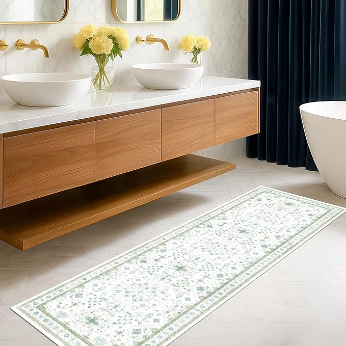 Washable Oushak 2x8 Bathroom Runner Rug by HazoHaus