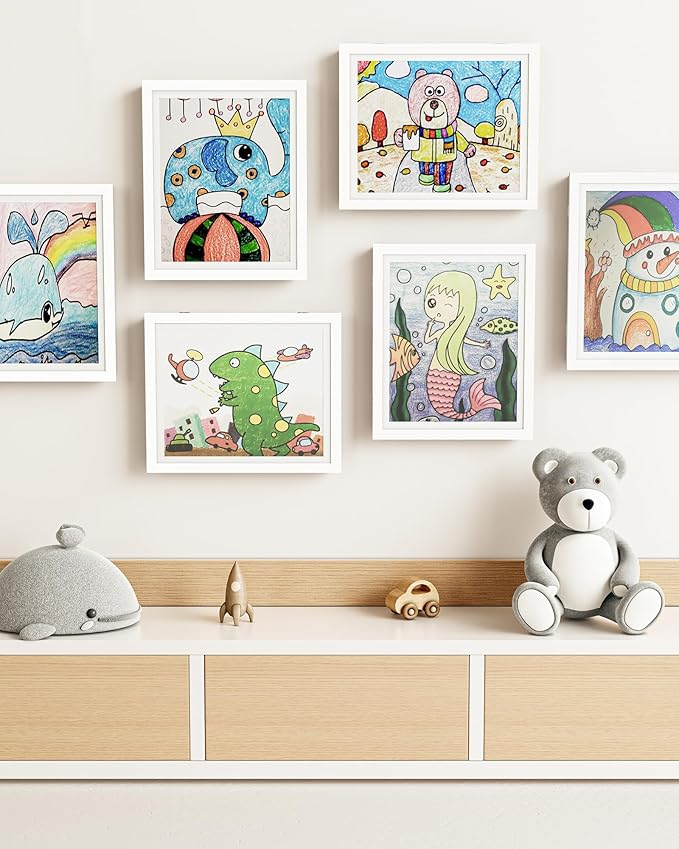 BAIJIALI White Art Frames for Kids Artwork - Front Opening Holds 150 Drawings, 3D Crafts - 3 Packs 8.5x11 with mat or 9x12 without Mat