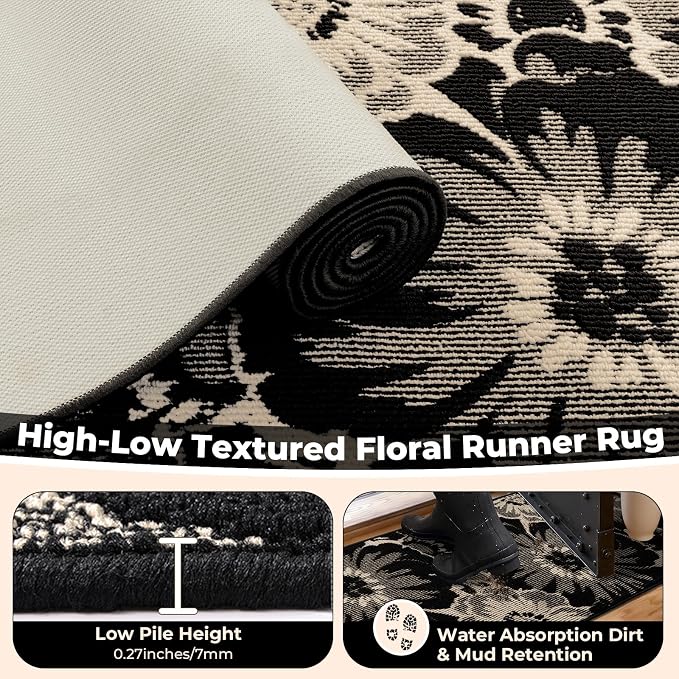 Findosom Hallway Runner Rug 2x5, Non Slip High-Low Textured Floral Washable - Image 4