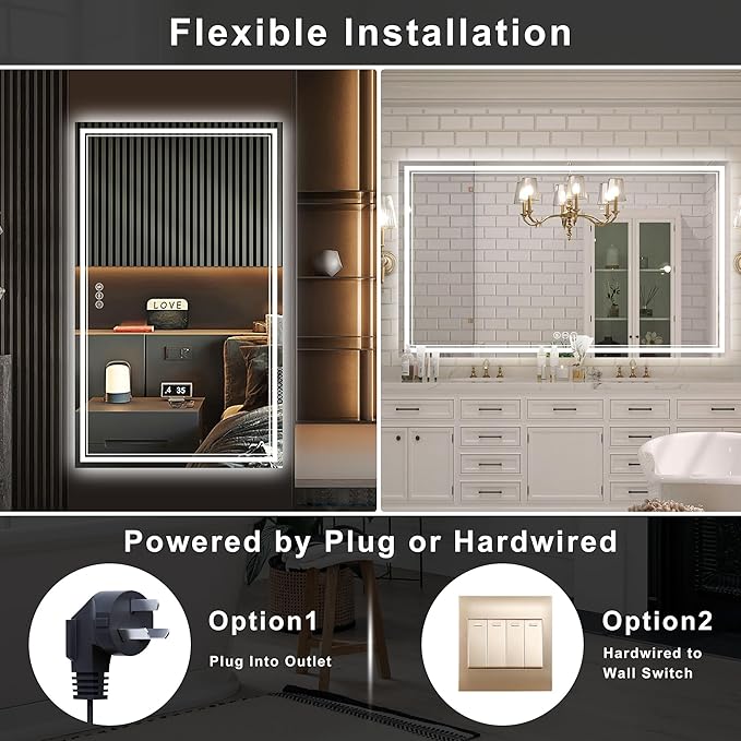 48''x30'' Lighted Mirrors for Bathroom Wall Backlit + Front Lit, Rectangular LED Bathroom Mirror Frameless with Lights Anti Fog, Dimmable, 3 Colors,Tempered Glass, Shatter-Proof
