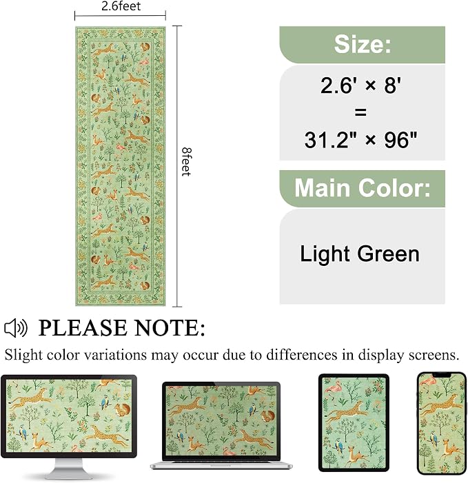 DUKINO 2.6x8 Rug for Hallway, Washable Kitchen Rugs Non Slip, Light Green | Low - Image 2