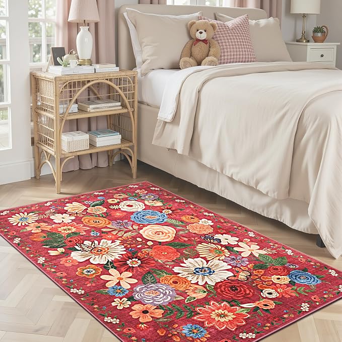 Red Floral Area Rug 3x5 for Bedroom Entryway Dorm | Ultra-Thin; Non Slip; by WelcometoBabovid