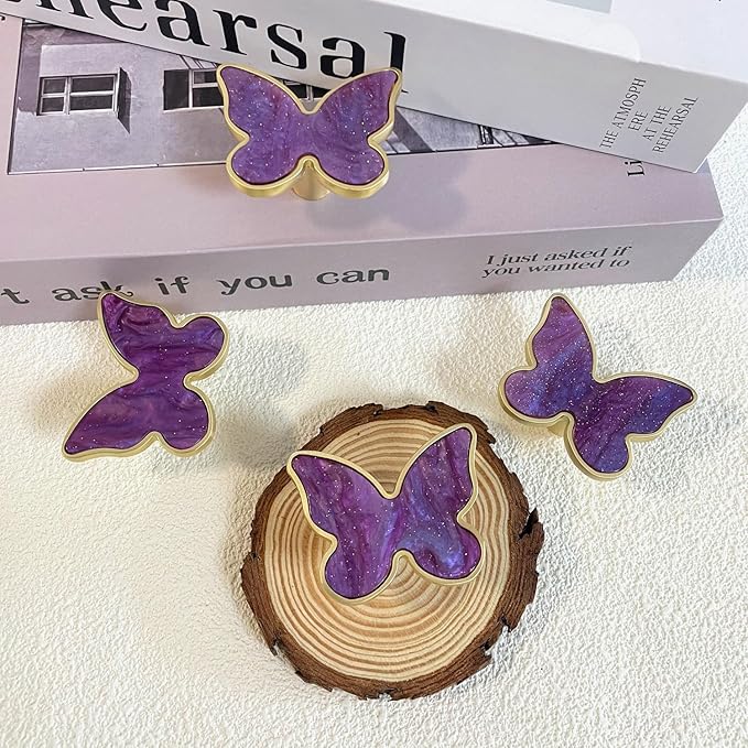 6 pcs Butterfly Shape Knobs Handle Gold Cabinet Knobs Decoration Door Handle Single Hole Handles Cabinet Drawer Dresser Kitchen Wardrobe Furniture Hardware Pulls (Purple)