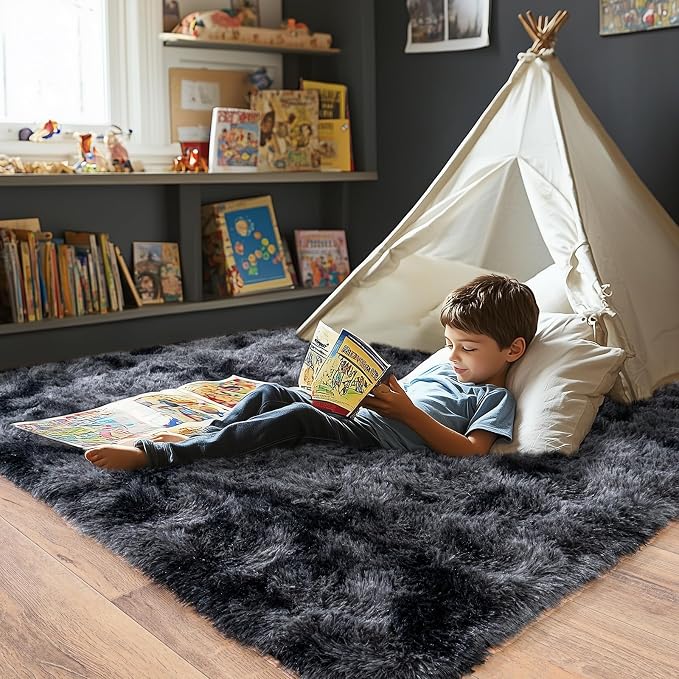 Pionblank Fluffy Area Rug for Bedroom 4x6, Indoor Plush Carpet, Dark Grey | - Image 2