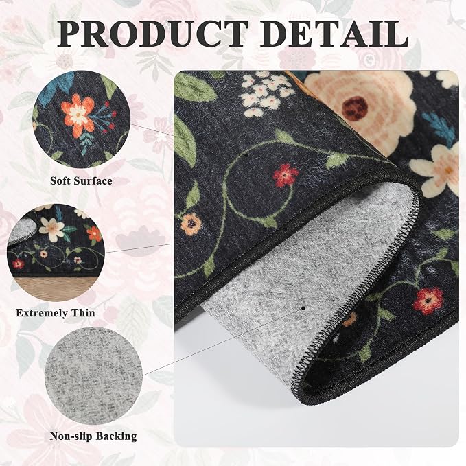 DUKINO 3x10 Runner Rug, Floral Washable Kitchen Runner Rug Non Slip, Low Pile - Image 4