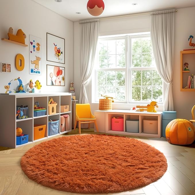 Amdrebio Burnt Orange Large Shag Round Area Rug 7Ft - Image 8