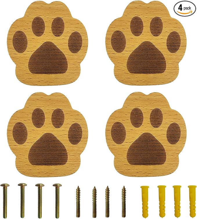 4PCS Wooden Cat's Paw Shaped Cabinet Knobs, Cabinet Handles, Single Hole Beech Wood Handles, Wood Hooks with Full Set of Screw Accessories
