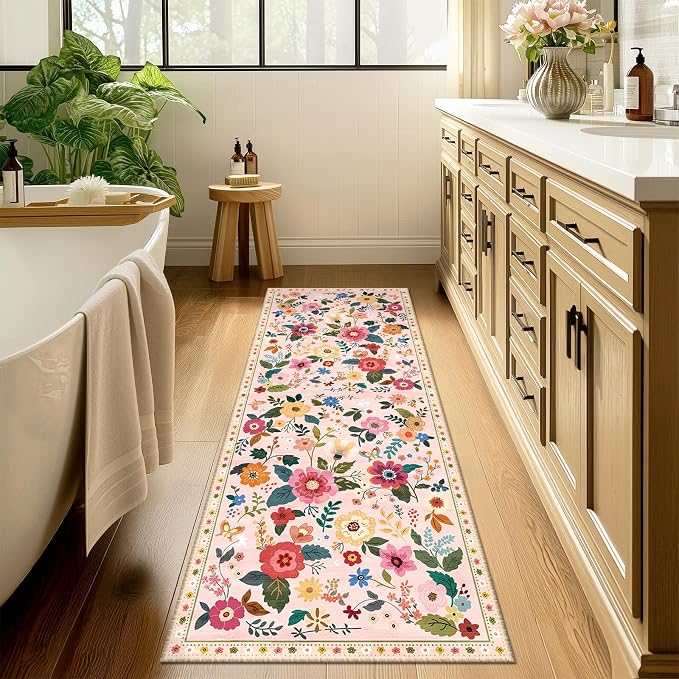 Floral Washable 2x10 Area Rugs Runner Entryway Hallway Pink | Flower Carpet - Image 8