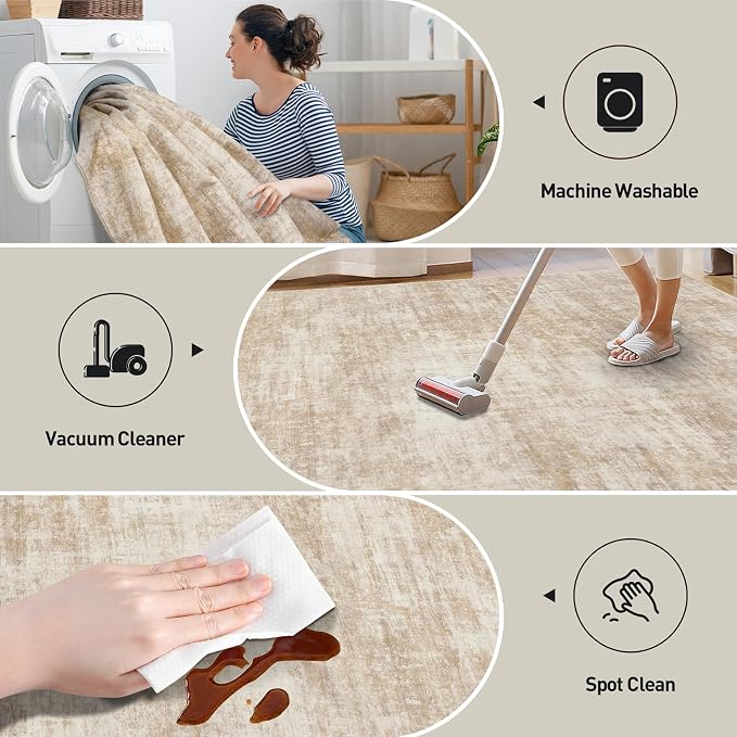 5x7 Area Rugs for Living Room: Washable Abstract Beige Badroom Carpet | - Image 5