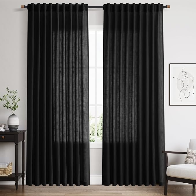 Linen Curtains 84 inches Long for Living Room Privacy Sheer Black Simple Modern by Nanspring