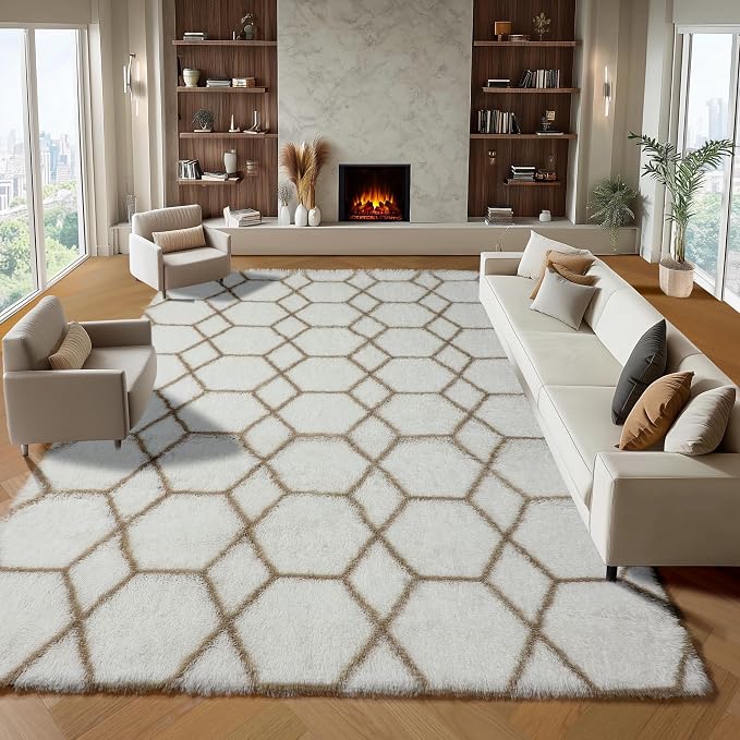 Area Rugs for Living Room, 7x10 Fluffy White and Beige Modern Bedroom Rug | - Image 3