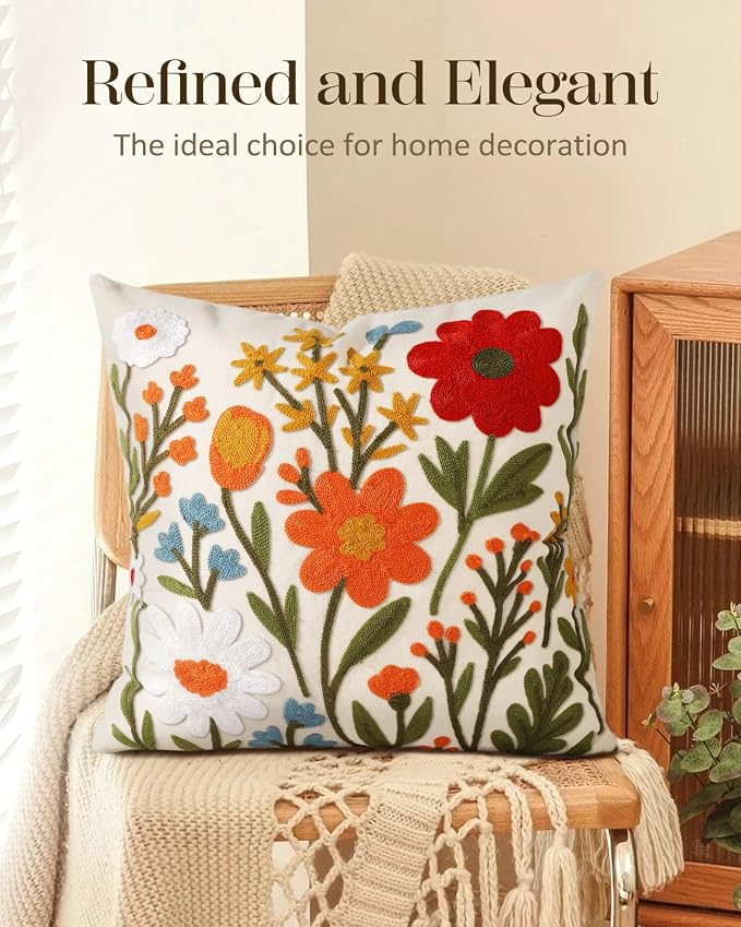 Embroidered Throw Pillow Cover 18x18 Inch, Flower Cluster | Decorative Pillow - Image 5